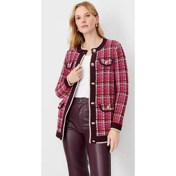 Ann Taylor Tweed Sweater Jacket LP Pink Red Woven Knit Button-Front‎ Tunic - Picture 2 of 13